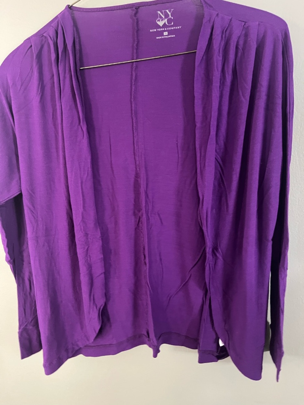New York & Company Purple Draped Open-Front Cardigan